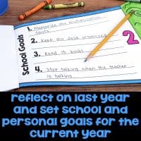 An open page from the New Year Flap Book Craft - Bulletin Board January Display features handwritten school goals and a pencil. Text encourages students to reflect on last year and set new academic and personal goals for the current year.