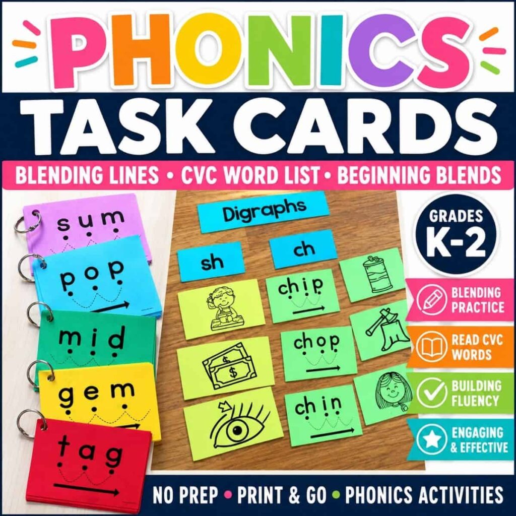 Vibrant cover for Phonics Task Cards, designed for grades K-2, featuring word and digraph cards, activity icons, word lists, and print-and-go phonics tasks to support blending skills.