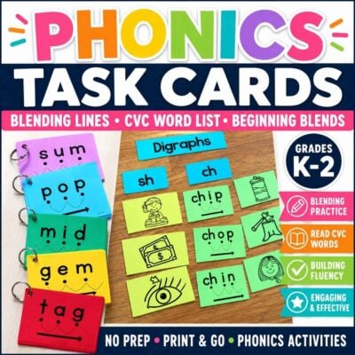 Vibrant cover for Phonics Task Cards, designed for grades K-2, featuring word and digraph cards, activity icons, word lists, and print-and-go phonics tasks to support blending skills.