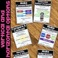 Reading comprehension posters that focus on 27 reading skills and reading strategies that elementary students use when reading to learn. Some skills and strategies include: compare and contrast, identify main idea, make connections and more. The posters come in multiple formats and are great for helping students learn the language patterns of the comprehension skills. They come with prompts, responses, and graphic organizers. #readingcomprehension #readingposters