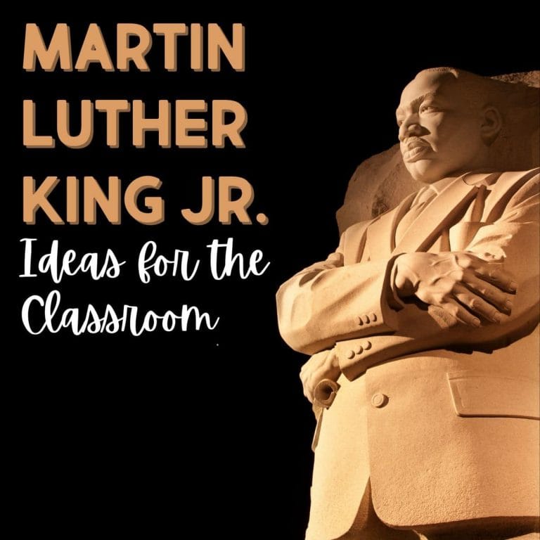 A stone statue of Martin Luther King Jr. stands with arms crossed. Next to it, text reads: Martin Luther King Jr. Classroom Activities and Ideas for the Classroom on a black background.