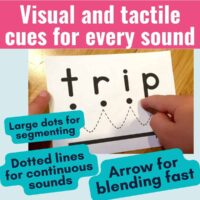 A hand points to "trip" on a phonics blending card, with large dots under each letter, dotted lines linking them, and a wavy arrow below—ideal visual and tactile aids for segmenting and blending sounds.
