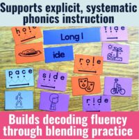 Phonics blending cards images, featuring colorful illustrations and words such as Long I, ride, role, pace, and side, are arranged on a wooden surface with text promoting systematic phonics and decoding fluency.