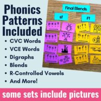 Phonics Blending Cards Included: An educational graphic lists phonics patterns—CVC words, VCE words, digraphs, blends, R-controlled vowels, and more. Colorful cards display words with pictures beside the text.