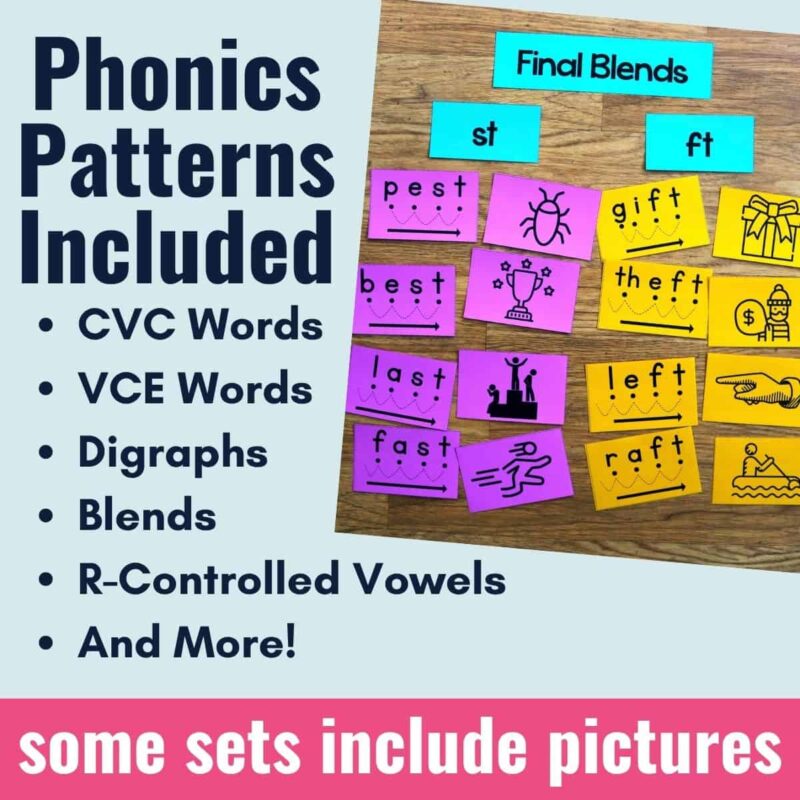 phonics blending cards included Phonics Blending Cards Included: An educational graphic lists phonics patterns—CVC words, VCE words, digraphs, blends, R-controlled vowels, and more. Colorful cards display words with pictures beside the text.