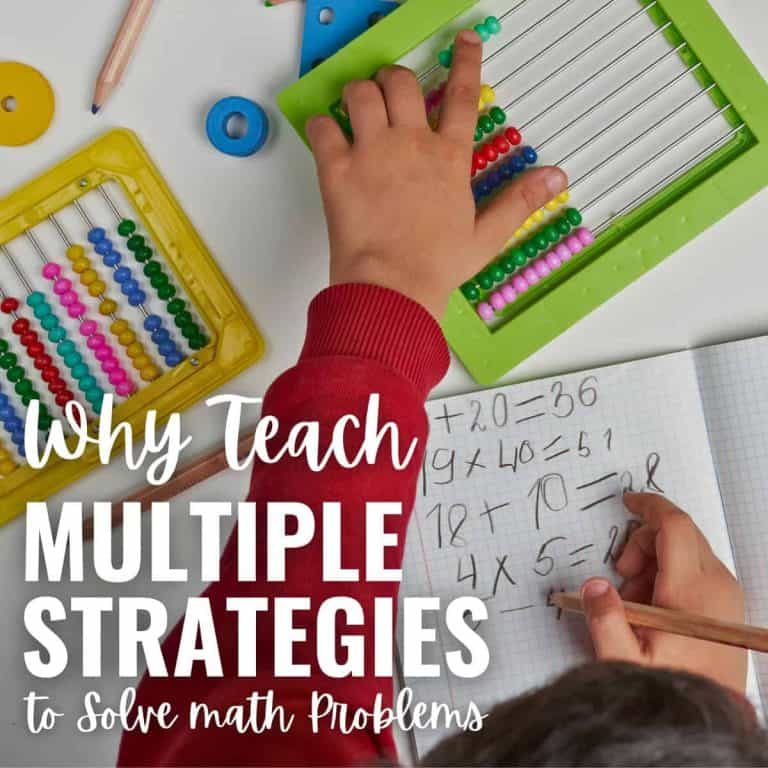 A child uses an abacus and writes multiplication problems in a notebook, demonstrating multiple strategies. Text on the image reads: Why Teach Multiple Strategies to Solve Math Problems.