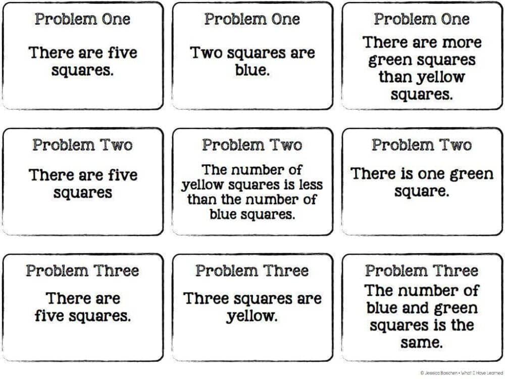 Cooperative Problem Solving Freebie.008 Cooperative Learning through Problem Solving contains 28 sets of cards that encourage students to work together to solve the given problem. All of the problems involve an amount of colored squares and basic clues to solve the number of each square. The situations are basic, but without everyone’s participation, the problem can’t be solved.