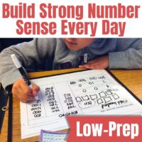 A child uses a dry-erase marker on a Daily Math - Number Sense, Addition and Subtraction, Time and Money worksheet at their desk. Bold text reads: Build Strong Number Sense Every Day and Low-Prep.