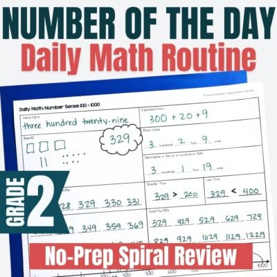 Daily Math - Number Sense, Addition and Subtraction, Time and Money worksheet for grade 2 with handwritten exercises on number 329: place value, word form, comparing numbers. Includes No-Prep Spiral Review.