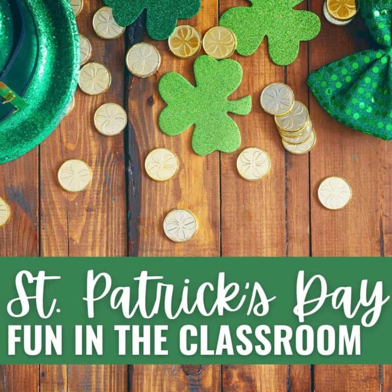 Green shamrocks, gold coins, and festive accessories on a wooden table with text reading St. Patrick's Day Activities: Fun in the Classroom at the bottom in white and green letters.