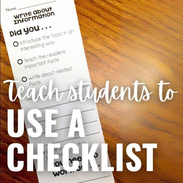 A paper checklist with prompts about writing information sits partially on a wooden desk. Bold text overlays the image: Teach students to USE A CHECKLIST for organized, effective writing.