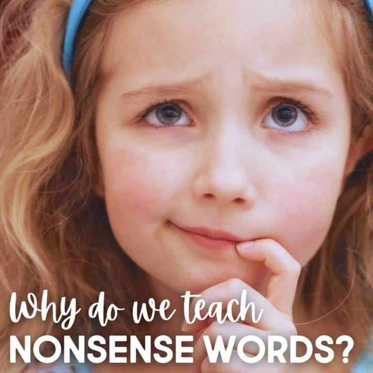 A young girl with wavy blonde hair and a blue headband looks up thoughtfully, her finger on her chin, pondering nonsense words. White text at the bottom reads, Why do we teach NONSENSE WORDS?.