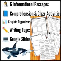 Educational resource image featuring sample worksheets, a cartoon orca, and icons, highlighting the features of Antarctic Animals 2—includes 6 informational passages about Antarctic wildlife, comprehension and cloze activities, graphic organizers, writing pages, and Google Slides—making it ideal for an engaging Antarctic Animals 2 bundle.