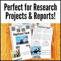 Image displaying research materials on elephant seals from Antarctic Animals 3, including worksheets, fact cards about carnivores and marine mammals, and a photo of an elephant seal. Bold text at the top reads, “Perfect for Research Projects & Reports!” An excellent addition to any Antarctic animals bundle or unit on Antarctic wildlife.
