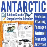 Antarctic Animals cover featuring text and reading passages about Antarctic wildlife, with engaging research activities. Includes photos and descriptions of the leopard seal, animal worksheets, and marine animal illustrations—an all-in-one classroom bundle for learning about Antarctic animals.