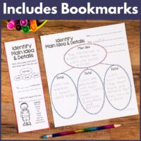 Reading Comprehension Graphic Organizers, including a worksheet on main ideas and details and a matching bookmark, are shown filled out with handwritten notes about lions alongside markers, pencils, and a pencil sharpener on a desk.