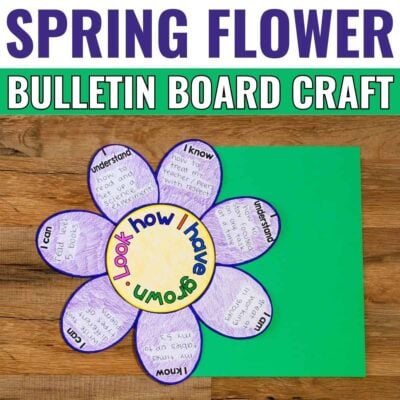 The Spring Flower Craft features eight purple petals with prompts like “I understand,” “I know,” and “I can.” Its yellow center says “How I Have Grown,” all set on a vibrant green background—perfect for a Spring Open House!.
