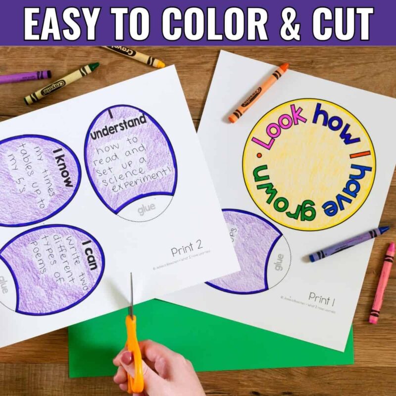 Spring flower craft pages Spring flower craft pages make a fun Spring Open House activity. Cut and color handwritten circles with messages like Look How I Have Grown. Crayons and scissors are used on printed worksheets labeled EASY TO COLOR & CUT, all set on a wooden table.