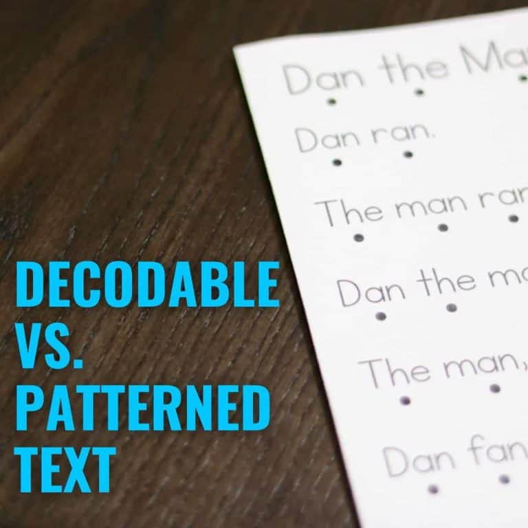 A worksheet with simple, repetitive sentences and dots, placed on a wooden surface. Blue text on the left reads: DECODABLE VS. PATTERNED TEXT, highlighting the difference using clear examples of decodable text.