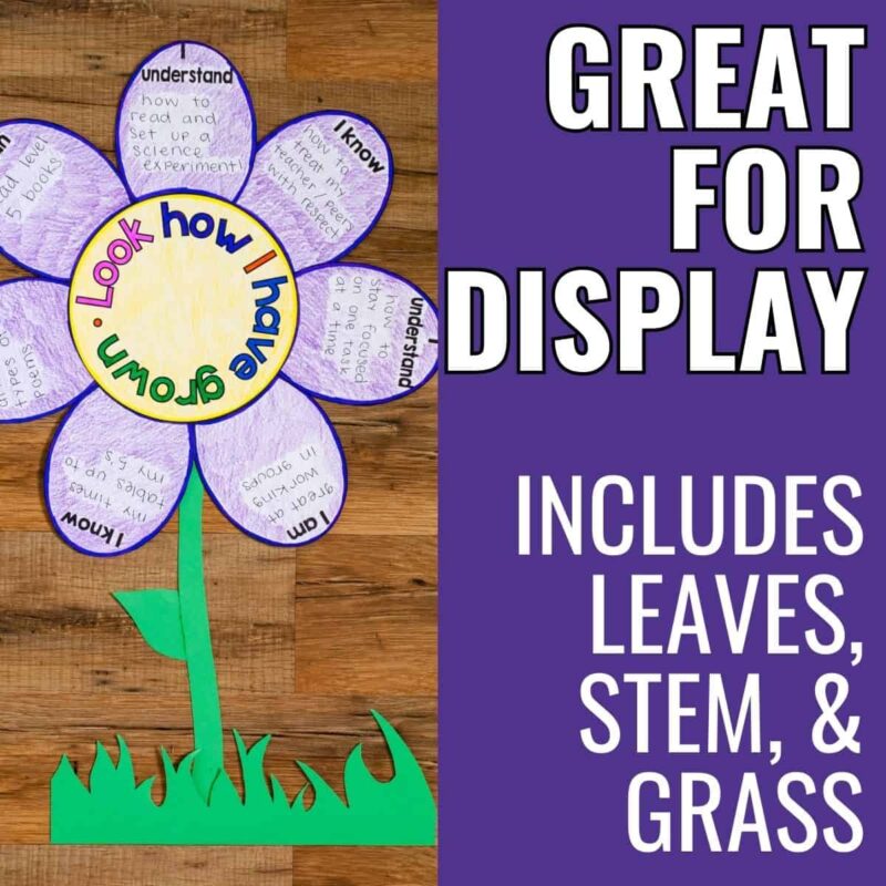 spring flower craft display The spring flower craft display features purple petal sentences, a yellow-purple center with "Look How I Have Grown," plus green stem, leaves, and grass—perfect for Spring Open House. Includes stem, leaves, and grass pieces.