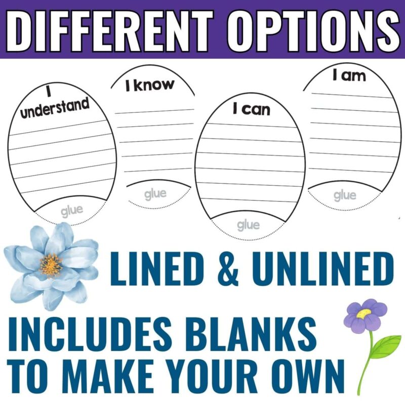 spring flower craft options The spring flower craft options set features four oval writing templates—“I understand,” “I know,” “I can,” and “I am”—with lined and unlined versions, blank templates for customization, and flower illustrations. Great for Spring Open House or crafts.