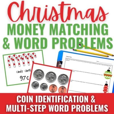 Image showcasing December and Christmas Money Matching and Word Problems, featuring candy canes, coins, pencils, and festive worksheets for coin identification and multi-step problems on a bright holiday-themed background.