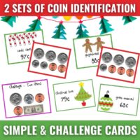 A December and Christmas Money Matching and Word Problems display features festive coin identification cards with holiday images, coins, prices like 97¢/88¢, under a banner: 2 Sets of Coin Identification: Simple & Challenge Cards.