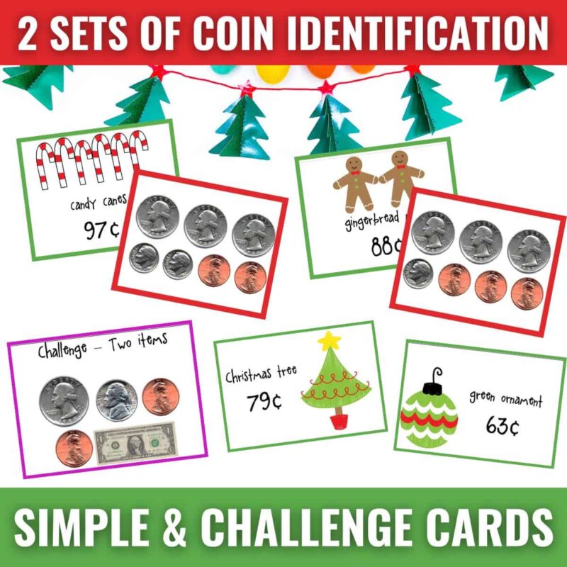 Christmas Money Matching 2 A December and Christmas Money Matching and Word Problems display features festive coin identification cards with holiday images, coins, prices like 97¢/88¢, under a banner: 2 Sets of Coin Identification: Simple & Challenge Cards.