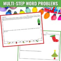 The December and Christmas Money Matching and Word Problems worksheet features festive borders, questions about replacing bulbs in Christmas lights, and money combination problems with cheerful holiday decorations.