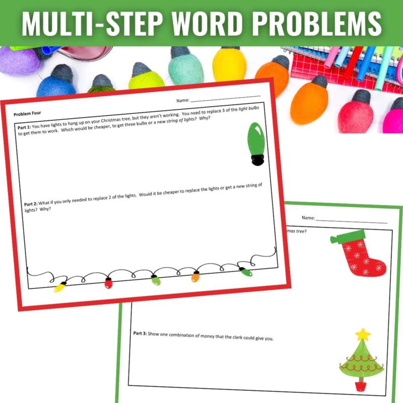 Christmas Money Matching 3 The December and Christmas Money Matching and Word Problems worksheet features festive borders, questions about replacing bulbs in Christmas lights, and money combination problems with cheerful holiday decorations.