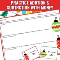 The "December and Christmas Money Matching and Word Problems" worksheet features ornament-themed math problems, asking students to add and subtract the prices of red (59¢) and green (63¢) ornaments, with festive illustrations.