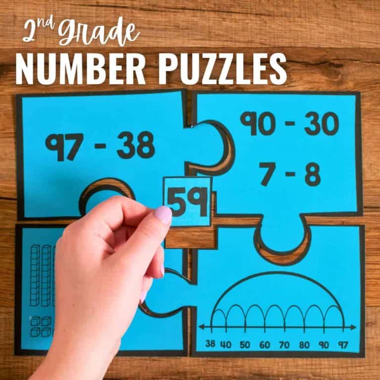 A hand places a puzzle piece labeled 59 into a blue Number Puzzles set. The surrounding pieces show math equations—97 - 38, 90 - 30, and 7 - 8—along with visual math models and "2nd Grade Number Puzzles" at the top.
