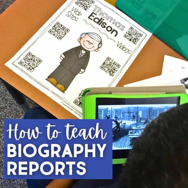A student uses a tablet to view information for biography reports about Thomas Edison, scanning QR codes on a worksheet at their desk. Text overlay reads, How to teach BIOGRAPHY REPORTS.