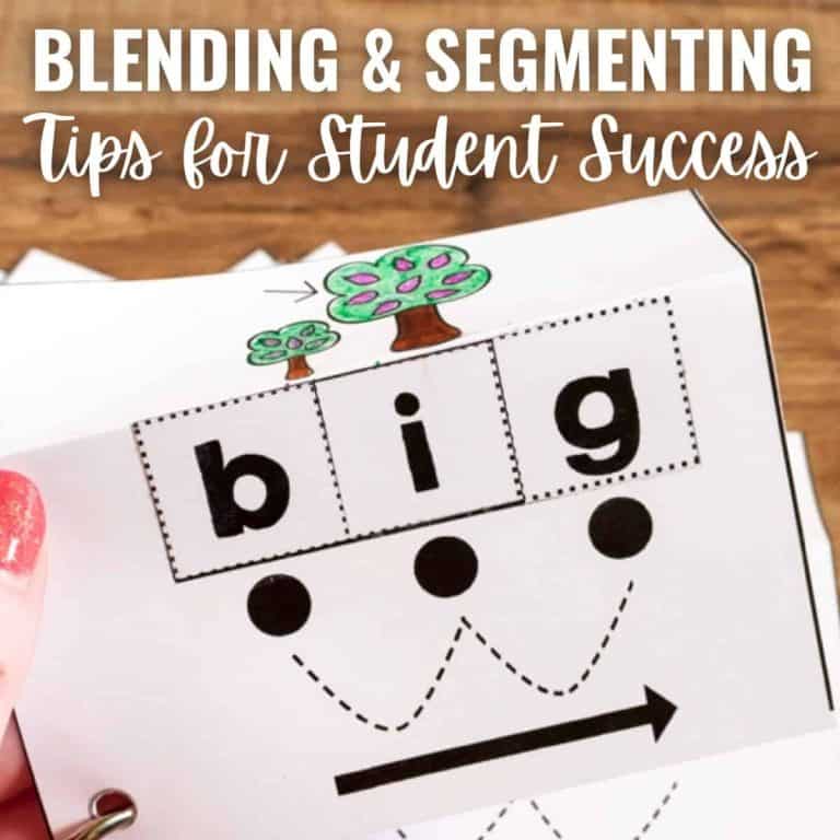 A hand holds a flashcard showing the word big, with each letter in a box, dots beneath, and an arrow connecting the dots—illustrating blending and segmenting words. Text above reads Blending & Segmenting Tips for Student Success.