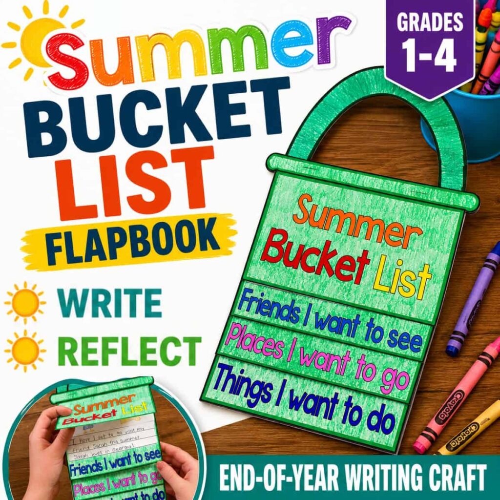 Summer Bucket List Craft - Writing Project & Bulletin Board 2 Colorful image promoting the Summer Bucket List Craft (1) for grades 1-4, featuring a green bucket craft with handwritten entries and text inspiring writing and reflection as a fun end-of-year writing activity.