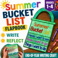Colorful image promoting the Summer Bucket List Craft (1) for grades 1-4, featuring a green bucket craft with handwritten entries and text inspiring writing and reflection as a fun end-of-year writing activity.