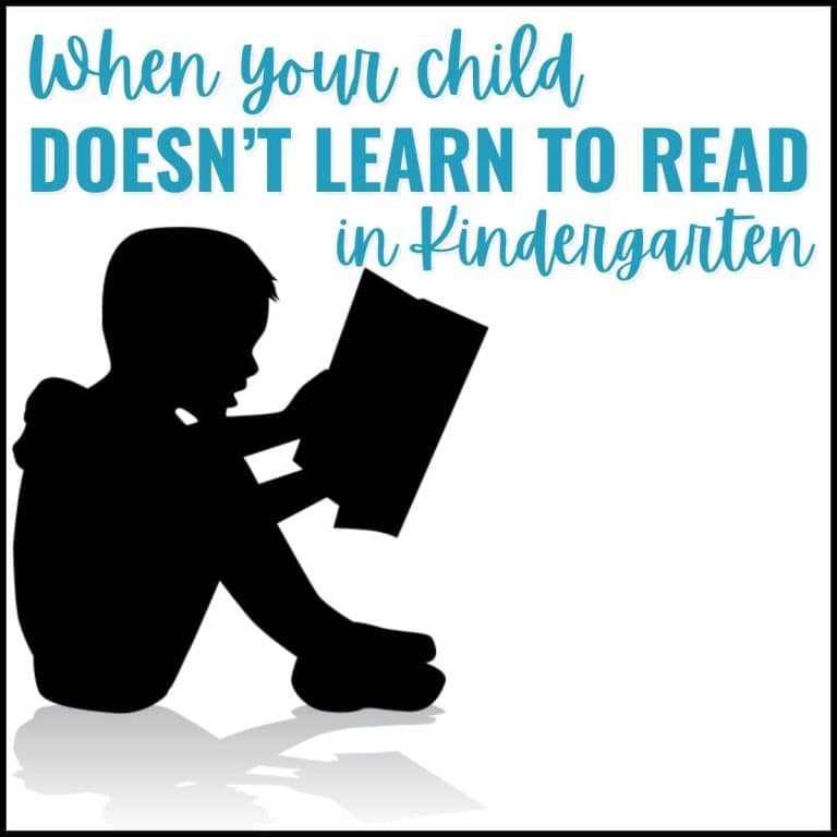 Silhouette of a child sitting and reading a book, with the text: “When your child doesn’t Learn to Read in Kindergarten” written above and beside the child.