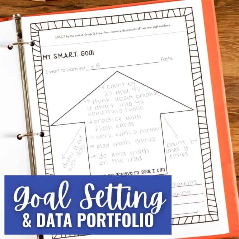 A worksheet in a binder with a large arrow labeled My S.M.A.R.T. Goal lists steps to learn multiplication facts. Overlay text reads Goal Setting & Data Portfolio, emphasizing student progress tracking on a blue background.