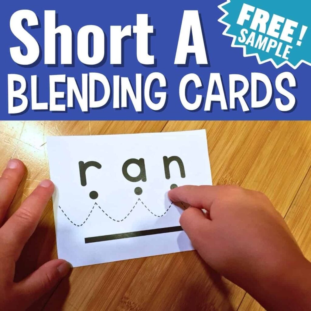 Blending Cards for Early Readers 31 Hands trace the word ran on a Short A Blending Cards (1) card, using dots and a curved line under each letter to demonstrate how to sound out the word.