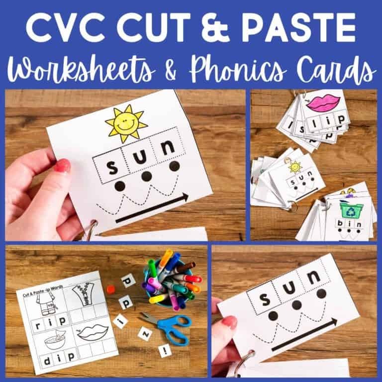 Photo collage showing CVC Cut and paste worksheets and phonics cards. Activities include matching words and images, cutting and pasting letters, plus colored markers and scissors arranged on a wooden table.