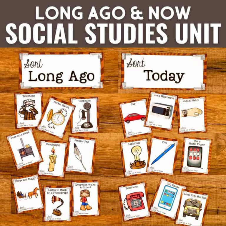 A set of illustrated cards for a social studies activity on sorting items into long ago and today categories, featuring images like candles, feather pens, cars, cell phones, and microwaves on a wooden background.