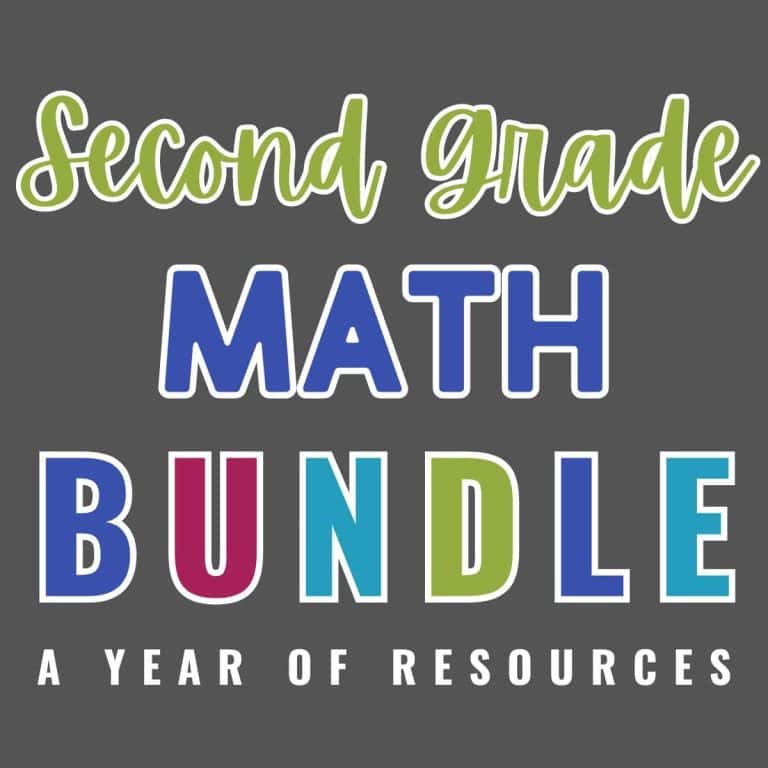 Text on a gray background reads: Second Grade Math Bundle – A YEAR OF RESOURCES. The words use various colors including green, blue, white, and purple.