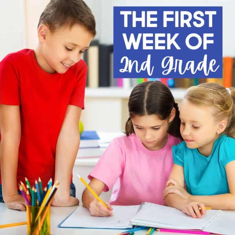Three children sit at a table with notebooks and pencils, working together. A boy in a red shirt stands nearby, watching two girls in pink and blue write. Text reads: First Week of Second Grade.