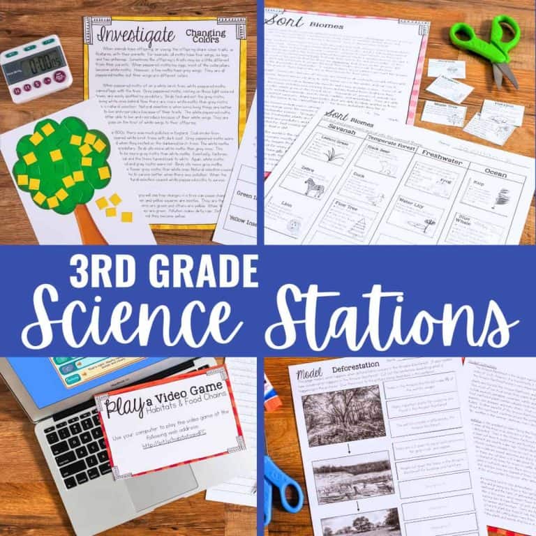 A collage of colorful third grade science stations activity sheets, hands-on materials, a laptop, and school supplies arranged on a wooden surface, with bold text in the center reading “3rd Grade Science Stations.”.