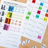 Two math worksheets feature ten frames and simple addition and subtraction within 20, with colorful paper squares and cut-out answer pieces arranged on a wooden surface. Text at the top and bottom emphasizes practicing math within 20.