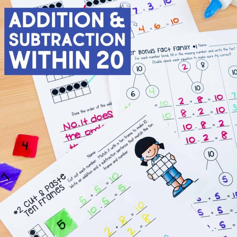 A collection of colorful math worksheets for kids featuring addition and subtraction within 20, including number bonds, equations, and fun illustrations. A bold blue box highlights Addition & Subtraction Within 20.