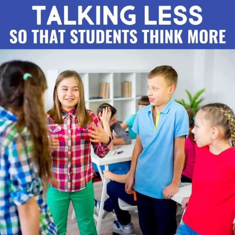 Four students stand in a classroom, engaged in conversation. A girl gestures as she talks while the others listen. Text above reads, “Talking less so that students think more,” emphasizing the value of talking less in class discussions.