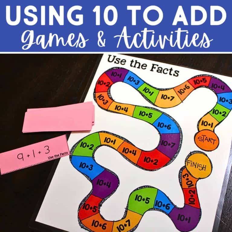 A colorful board game titled Use the Facts features numbered spaces with addition equations using 10. Pink cards with math problems, such as 9 + 1 = 3, are placed beside the game for extra practice using 10.