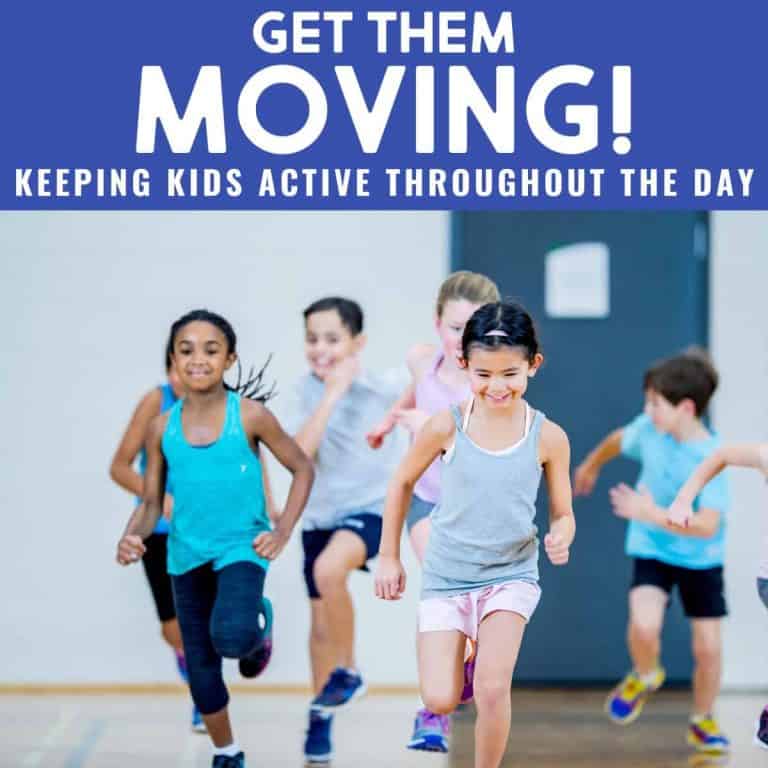 A group of smiling children in athletic clothes run indoors, with the text above reading Get Them Moving! Keeping kids active and energized throughout the day is essential for their health and happiness.