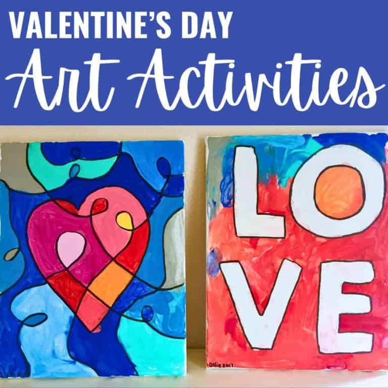 Two colorful Valentine’s Day Art Activities: one features a heart with abstract shapes, the other spells “LOVE” in bold letters, both set against a blue and white background with “Valentine’s Day Art Activities” text.